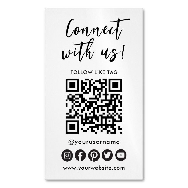 Connect With Us Social Media QR Code Logo Magnetic Business Card (Front Vertical)
