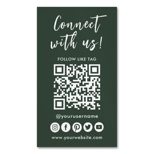 Connect With Us Social Media QR Code Logo Magnetic Business Card (Front Vertical)