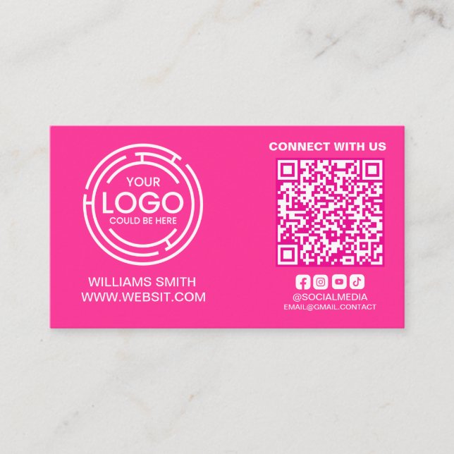 Connect with Us Social Media Qr Code Neon Fuchsia Business Card (Front)