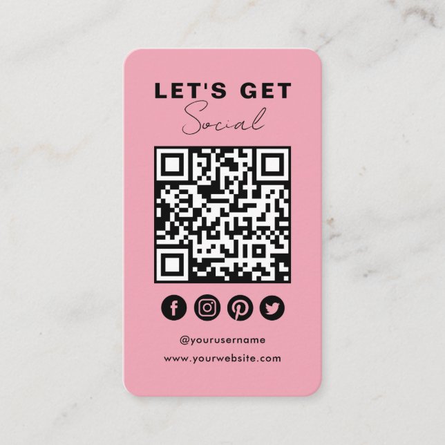 Connect With Us Social Media QR Code Pink Business Card (Front)