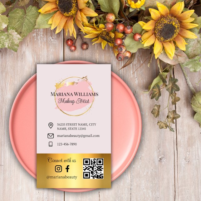 connect with us, social media, qr code pink gold  business card (Creator Uploaded)