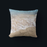 connected hearts in beach sand with ocean surf throw pillow<br><div class="desc">Linking beach hearts in sand with ocean background
Names can be customized.</div>