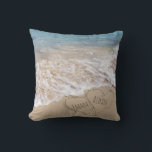connected hearts in beach sand with ocean surf throw pillow<br><div class="desc">Linking beach hearts in sand with ocean background
Names can be customized.</div>