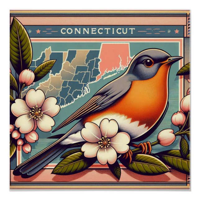 Connecticut American Robin and State Flower Design Poster (Front)