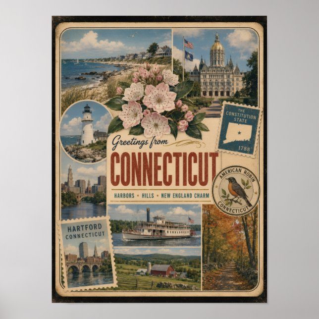 Connecticut Authentic Vintage Style Poster (Front)