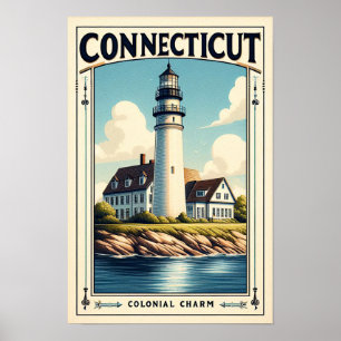 Connecticut Colonial Charm Lighthouse Vintage  Poster