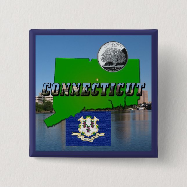 Connecticut' Map, Text, Faux Quarter, Flag Scenery 2 Inch Square Button (Front)