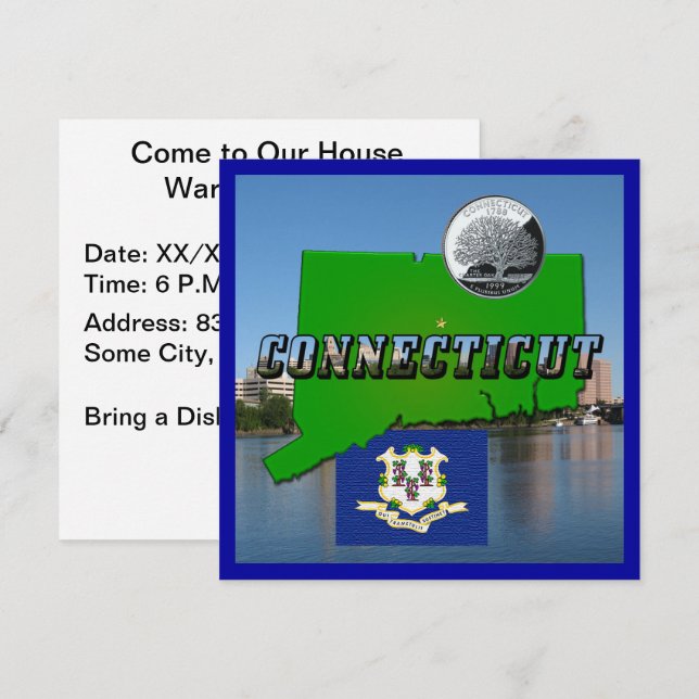 Connecticut' Map, Text, Faux Quarter, Flag Scenery Invitation (Front/Back)