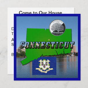 Connecticut' Map, Text, Faux Quarter, Flag Scenery Invitation
