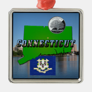 Connecticut' Map, Text, Faux Quarter, Flag Scenery Metal Ornament