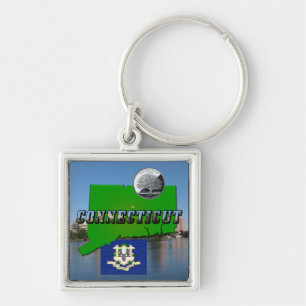 Connecticut' Map, Text, Quarter, Flag and Scenery Keychain