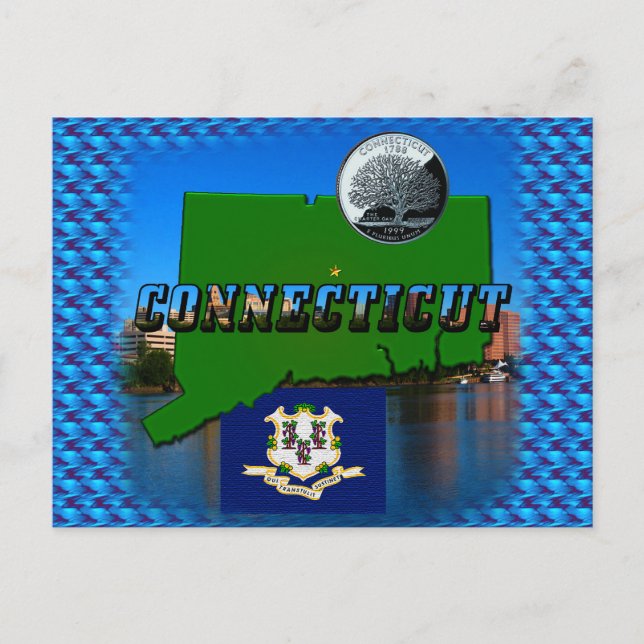 Connecticut' Map, Text, Quarter, Flag and Scenery Postcard (Front)