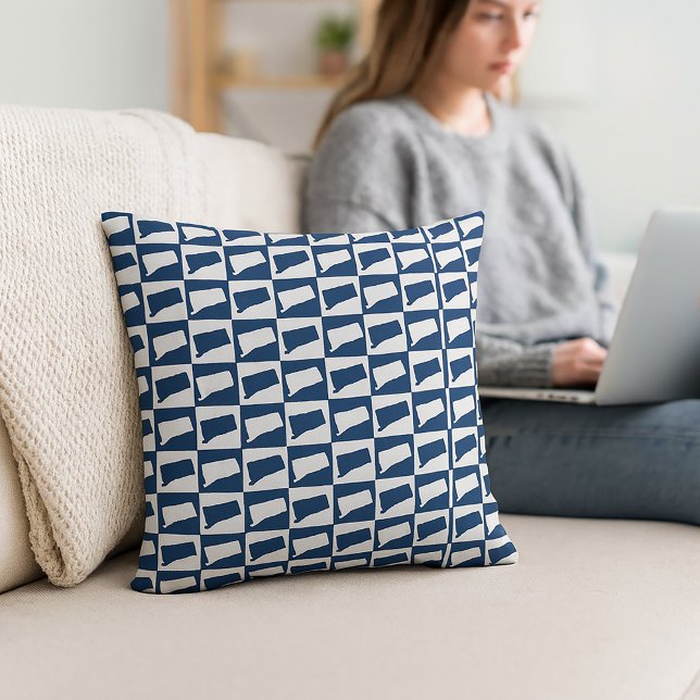 Connecticut Outline Pattern Blue and White Throw Pillow (A throw pillow with a blue and white checkerboard pattern featuring the US state of Connecticut.)