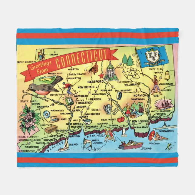 Connecticut Postcard Map Fleece Blanket (Front (Horizontal))