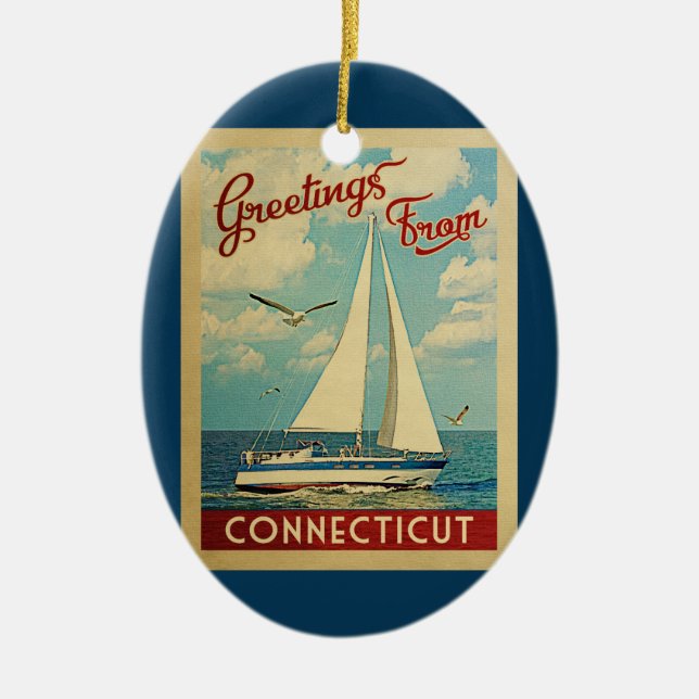 Connecticut Sailboat Vintage Travel Ceramic Ornament (Front)