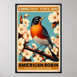 Connecticut State Bird - American Robin Vintage  Poster
