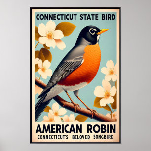 Connecticut State Bird - American Robin Vintage Poster