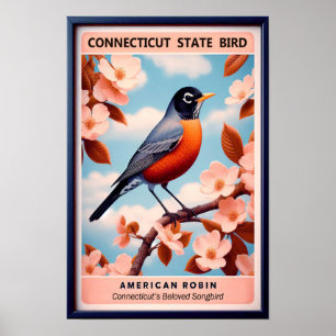 Connecticut State Bird - American Robin Vintage  Poster