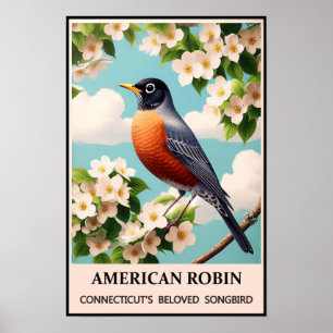 Connecticut State Bird - American Robin Vintage Poster