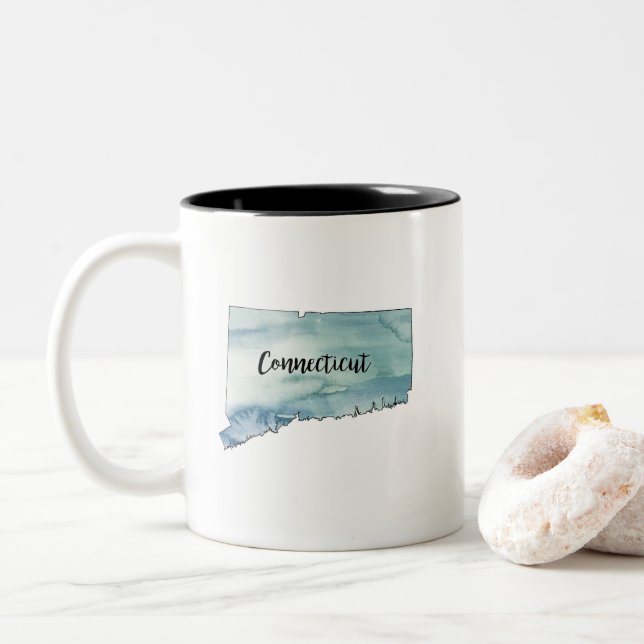 Connecticut State Map Watercolor Two-Tone Coffee Mug (With Donut)