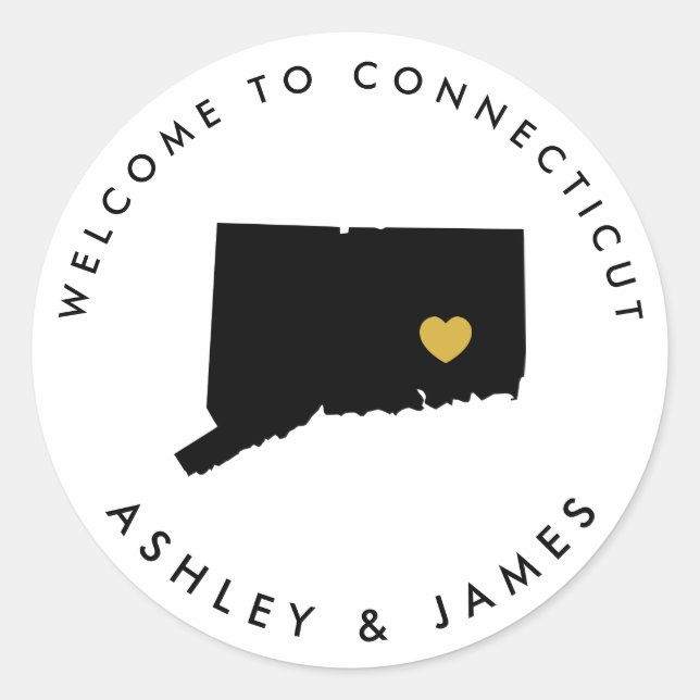 Connecticut Wedding Welcome Sticker Tag Black Gold (Front)