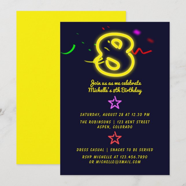 Connexion Neon Invitation fête d'anniversaire huit (Devant / Derrière)