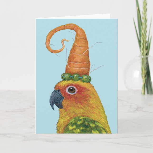 Connor the conure with hat of carrot and peas card (Front)