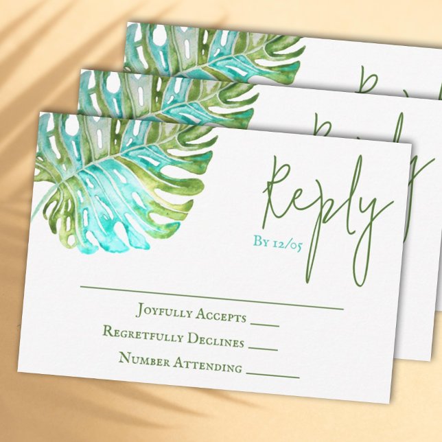 Conseil Carte RSVP de mariage de la feuille de Monstera tr (Watercolor light green and turquoise monstera leaf wedding RSVP reply card)