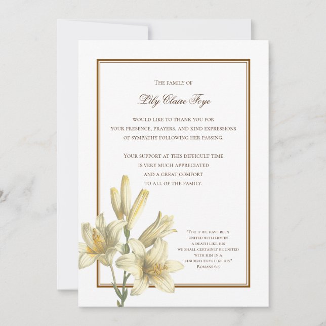 Consider the Lilies Bereavement Thank You Note Invitation (Front)