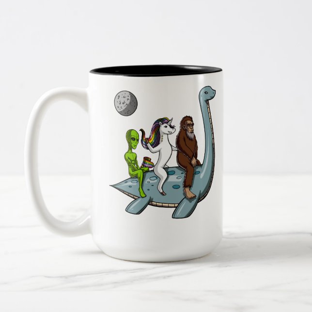 Conspiracy Bigfoot Loch Ness Monster Water Ski Two-Tone Coffee Mug (Left)