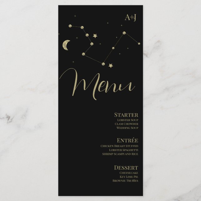 Constellation Script Black Gold Wedding Menu (Front)