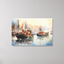 constitution Bustling Tug boats Watercolor