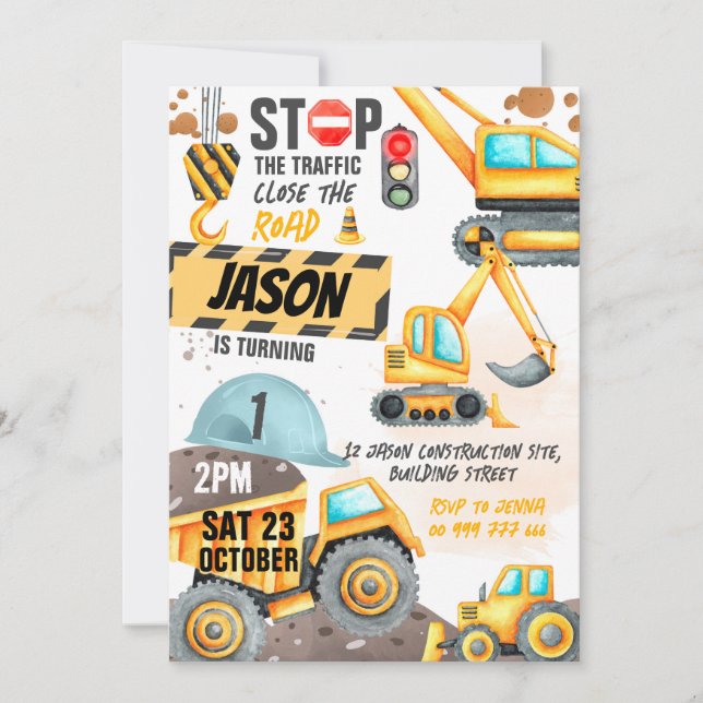 Construction 1st Birthday Party Dump Truck Digger Invitation (Front)