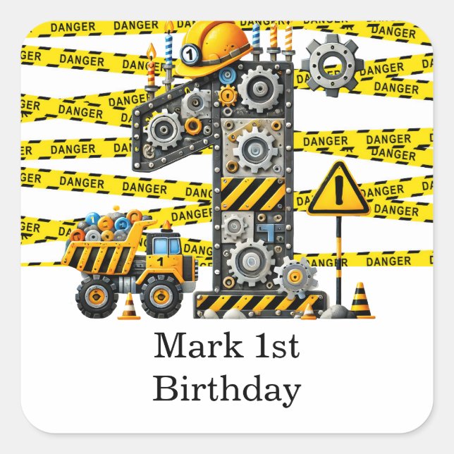 Construction 1st  Birthday Party Square Sticker (Front)