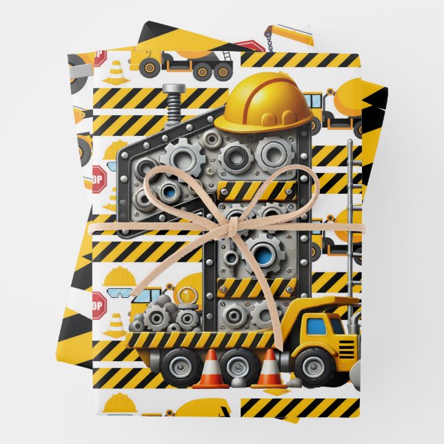 Construction 1st  Birthday Party Wrapping Paper Sheet (In situ)