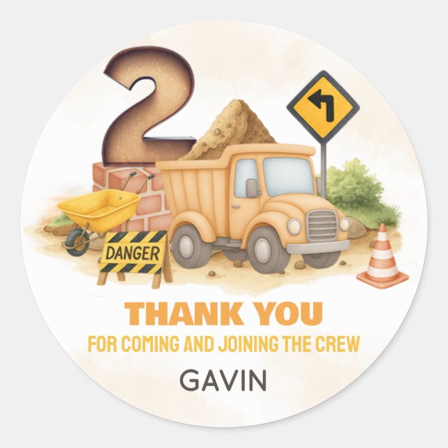 Construction 2nd Birthday Party Classic Round Sticker (Front)