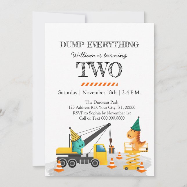 Construction 2nd Birthday Party, Dinosaur Theme Invitation (Front)