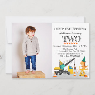 Construction 2nd Birthday Party, Dinosaur Theme Invitation