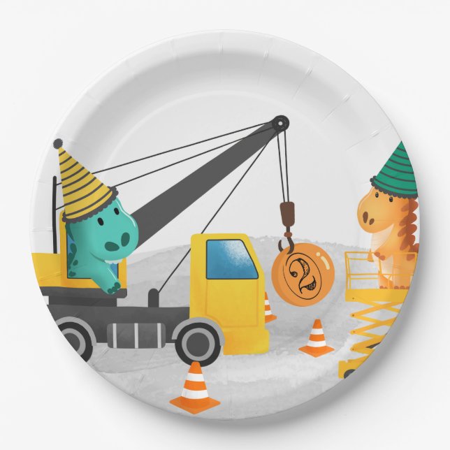 Construction 2nd Birthday Party, Dinosaur Theme Paper Plate (Front)