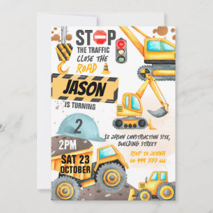 Construction 2nd Birthday Party Dump Truck Digger Invitation