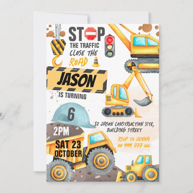 Construction 6th Birthday Party Dump Truck Digger Invitation (Front)