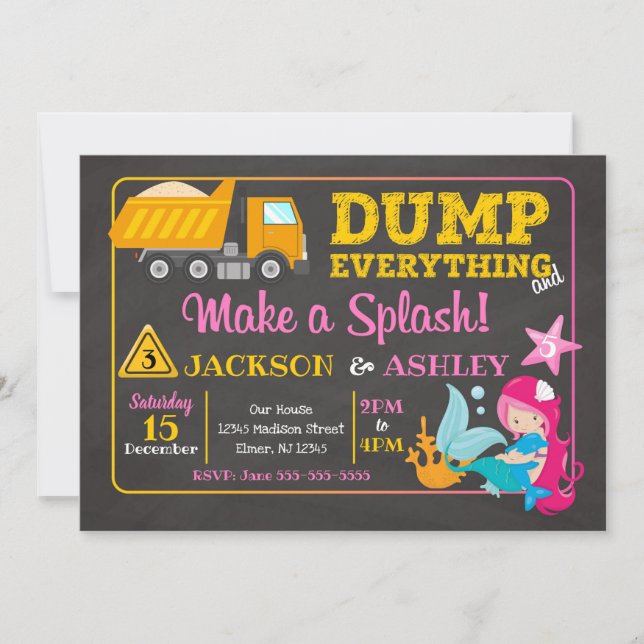 Construction and Mermaid Joint Birthday Invitation (Front)