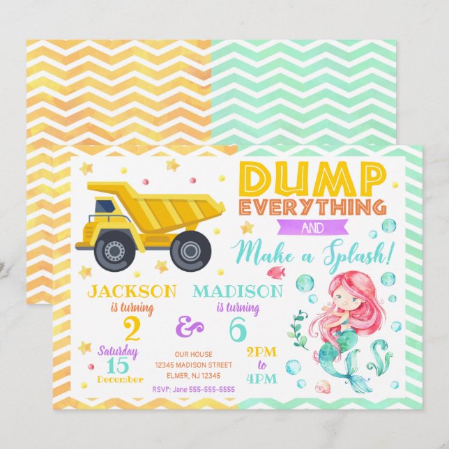 Construction and Mermaid Joint Birthday Invitation (Front/Back)