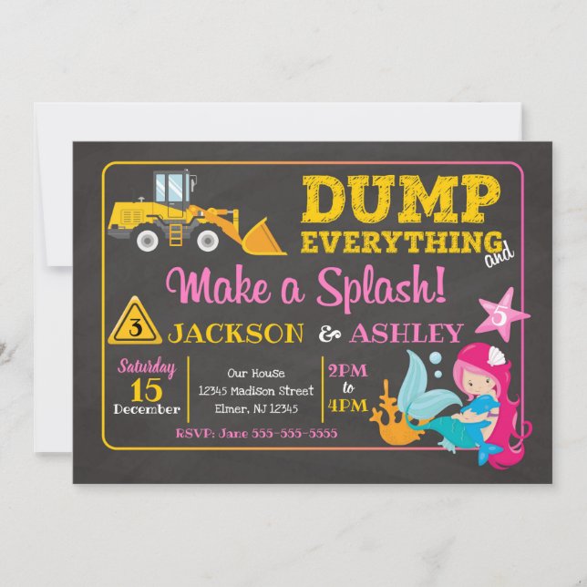 Construction and Mermaid Joint Birthday Invitation (Front)