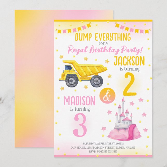 Construction and Princess  Siblings Joint Birthday Invitation (Front/Back)