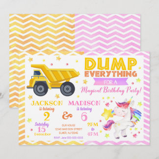 Construction and Unicorn Joint Birthday Invitation
