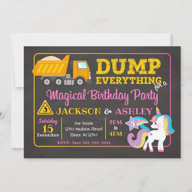Construction and Unicorn Joint Birthday Invitation (Front)