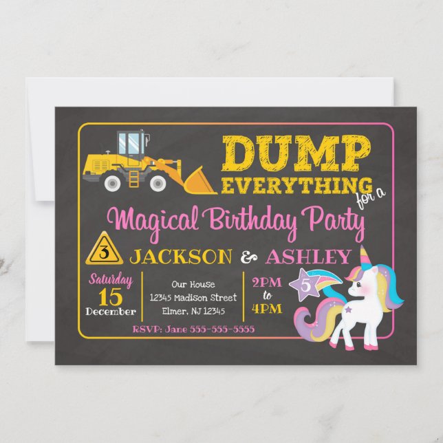 Construction and Unicorn Joint Birthday Invitation (Front)