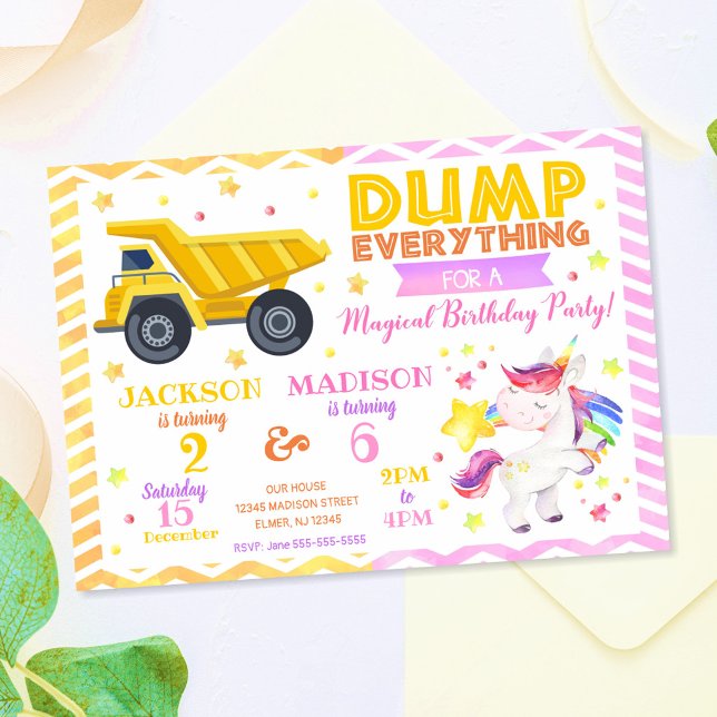 Construction and Unicorn Joint Birthday Invitation (Creator Uploaded)