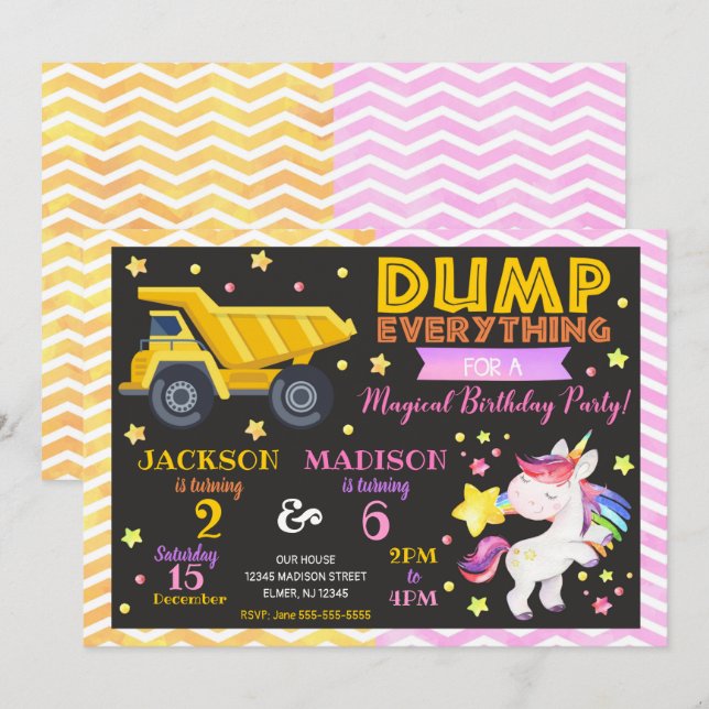 Construction and Unicorn Joint Birthday Invitation (Front/Back)